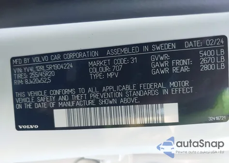 2024 Volvo Xc60 B5 Plus Dark Theme from USA, damaged, VIN YV4L12RL5R1904224